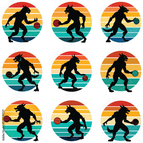 Several werewolf silhouettes bounce a basketball over a retro sunburst background, showing action