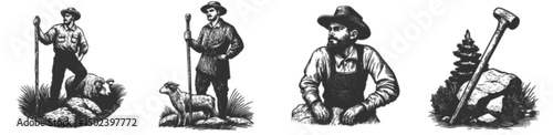 Detailed Engraving Illustration of Outdoor Figures and Nature Elements