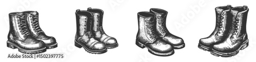 Detailed Vintage Engraving of Various Boot Styles in Black and White