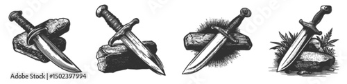 Detailed Engraving Illustration of Classic Knives on Stone Base