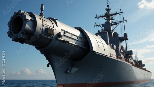 A futuristic sleek railgun protrudes from the side