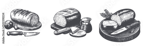 Hand-Drawn Engraving of Bread and Cheese on Wooden Boards
