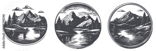 Engraved Mountain Landscape Design with River and Reflection