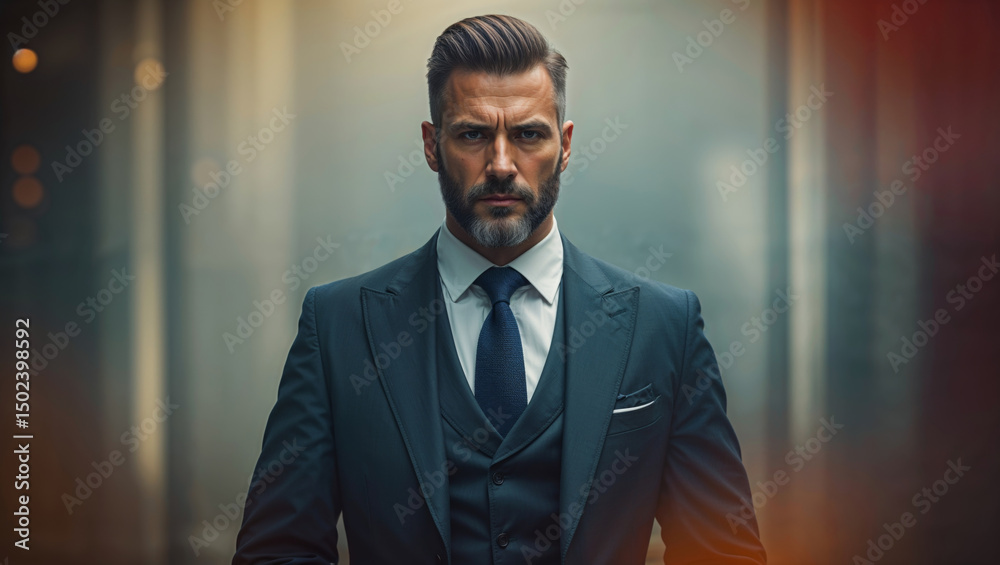 Fototapeta premium A handsome businessman in a navy suit, looking directly at the camera with confidence and style.