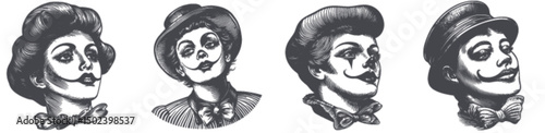 Vintage Circus Characters Engraving Illustration in Black and White