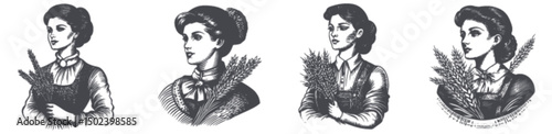 Vintage Woman Portraits Holding Floral Arrangement Engraving Collection