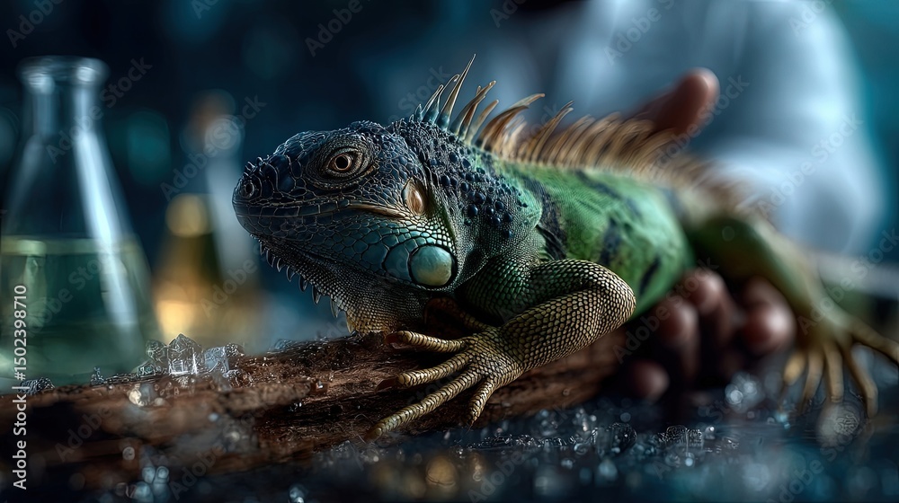 Fototapeta premium Veterinary checkup with exotic reptile on examination table. Generative AI