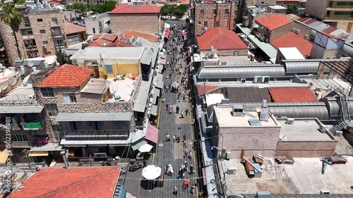 Jerusalems Mahane Yehuda market houses rooftops, Aerial view