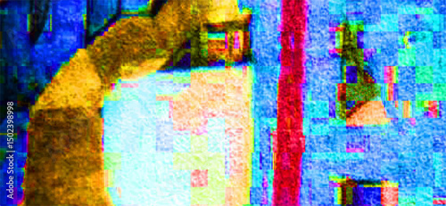 Screen glitch background. Abstract vector digital pixel texture. Bright VHS video error pattern. Retro futuristic noisy computer graphic banner. Cyberpunk color television art. Technology art bg