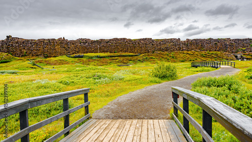 Thingvellir National Park, Iceland, Famous geological and historical site with a river stream, summer, South West Iceland, scenic dramatic view