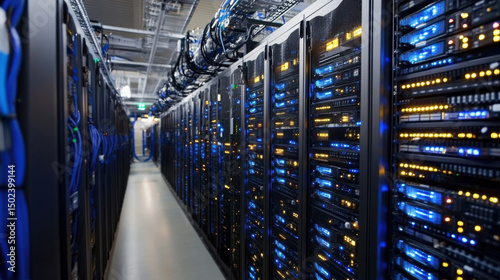 Data center hallway with glowing servers and advanced network racks