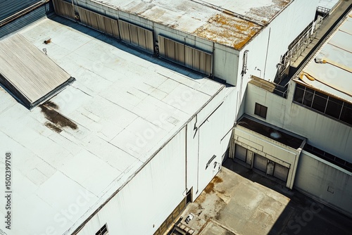 Industrial roof overview with weathered textures and sunlight