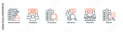 Survey banner web icon vector illustration concept for customer satisfaction questionnaire feedback with icon of evaluation, research, interview and result