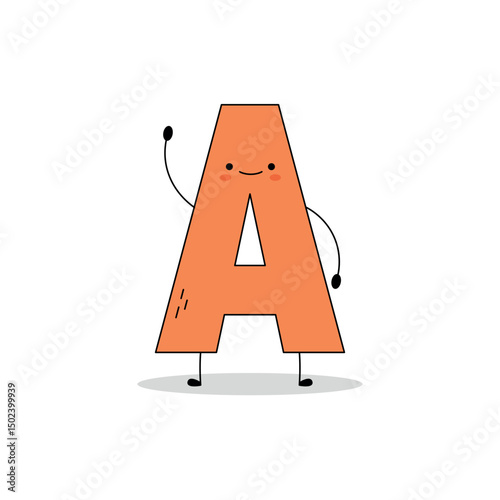 Cute letter A cartoon character waving hand hi doodle