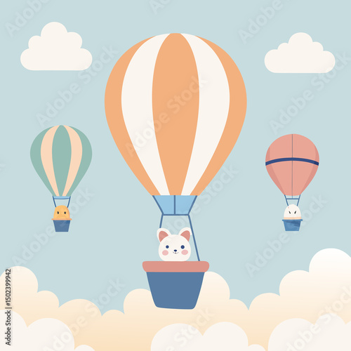 Wallpaper Mural "Nursery Animals in Hot Air Balloons – Pastel Clouds PNG Scene" Torontodigital.ca