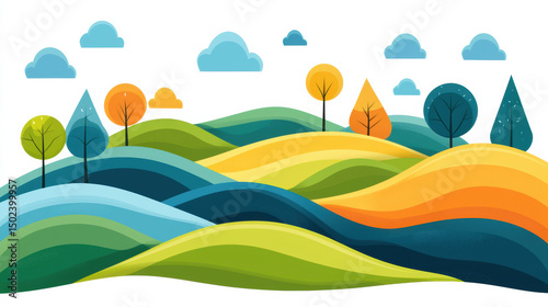 Colorful abstract landscape with rolling hills, various trees, and clouds in bright, cheerful style