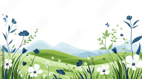Peaceful green grassland with white and blue flowers and soft rolling hills under clear sky, evoking calm nature beauty