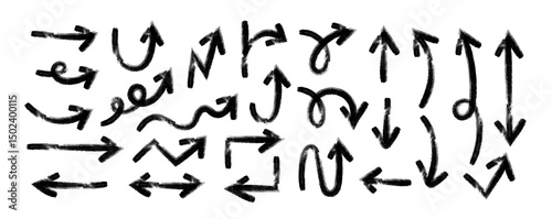 Arrows in Grunge style Set, Grunge arrow brush drawn, hand sketched scribbles doodle decorative direction pointers element design vector collection