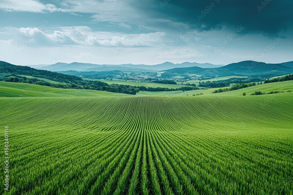 Naklejka premium Expansive green field landscape stretching to distant hills.