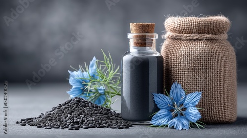 Bottle of oil, borage flowers, and seeds