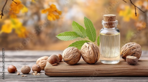 Bottle of nut - based oil with nuts and leaves on wooden surface