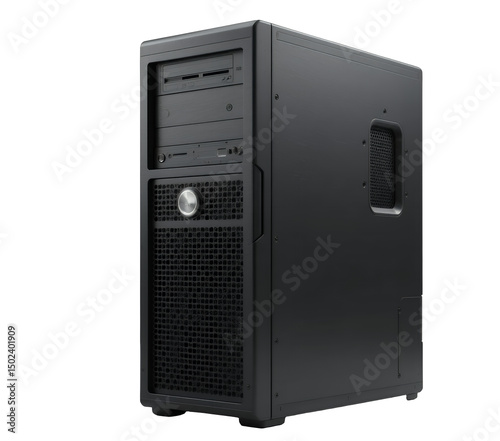 Black desktop computer tower with ventilation and front panel ports on white background