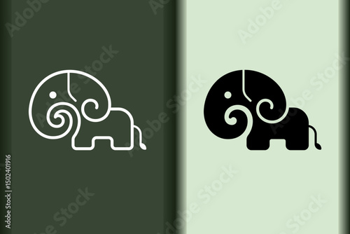 Vector of elephant logo design linear and silhouette icon minimal style.Creative simple animal on green background for business artwork. Modern flat icon cute elephant shape body graphic illustration.