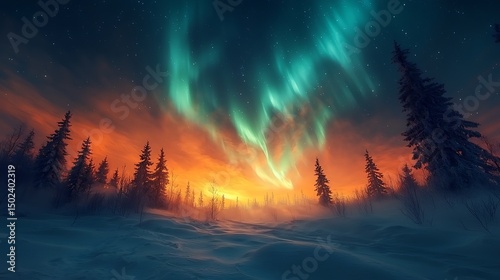Winters fiery embrace under emerald skies
