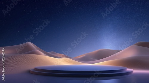 Desert landscape with a circular platform under a star - filled sky