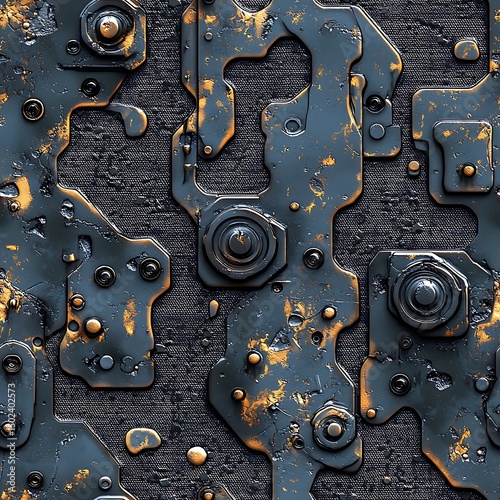 Worn metallic panel with gold accents over dark fabric