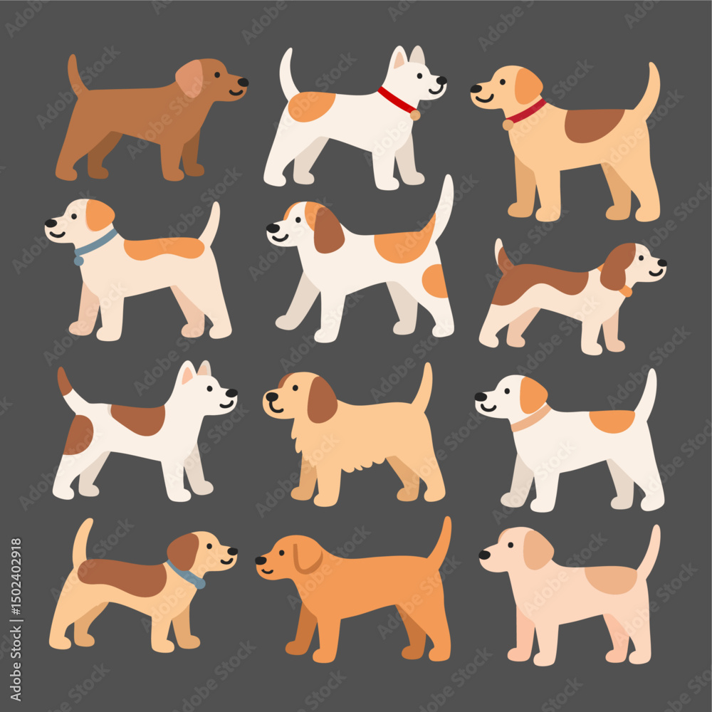 Fototapeta premium Collection of Flat Colorful Different Dog Breeds Vector Illustration – Cute Pet Dog Clipart in Various Colors and Styles for Stickers, Posters, Animal Education, Pet Branding, and Dog Lover Designs