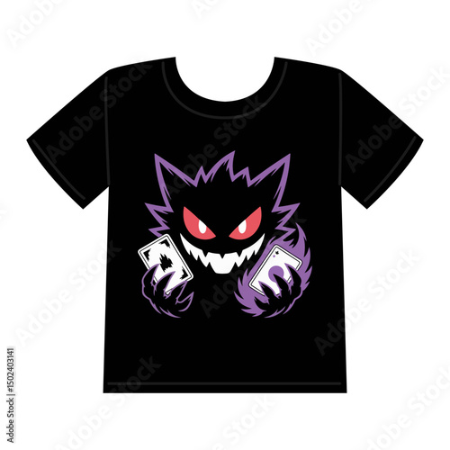 Mystical Shadow Creature Logo with Glowing Eyes and Levitating Cards – T-Shirt Design

