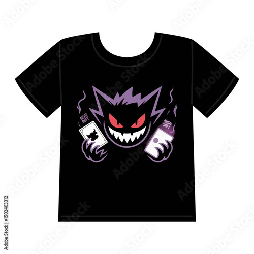 Mystical Shadow Creature Logo with Glowing Eyes and Levitating Cards – T-Shirt Design

