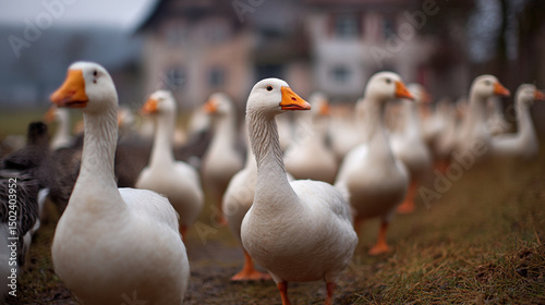 A gaggle of geese walking on the grass with a building in the background on a cloudy day outdoors