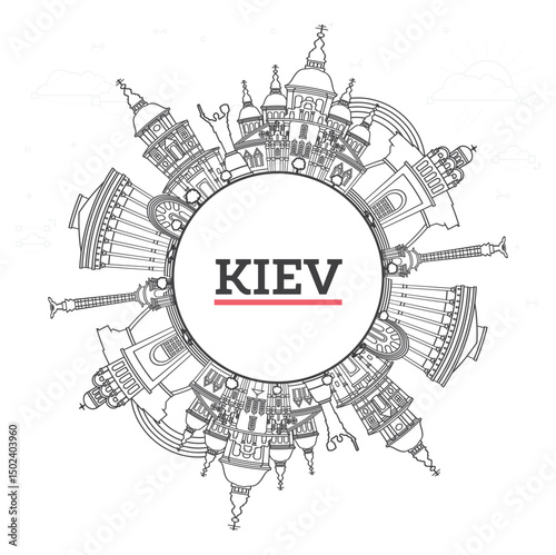 Outline Kiev Ukraine City Skyline with Historic Buildings and copy space Isolated on White. Illustration. Kiev Cityscape with Landmarks.