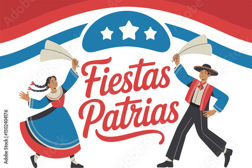 Fiestas Patrias Celebration with Dancing Couple and Patriotic Stars Vector Illustration 2