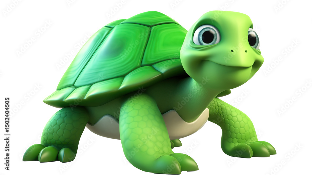 Obraz premium Cute green cartoon turtle and cheerful smile is walking, isolated on transparent. PNG