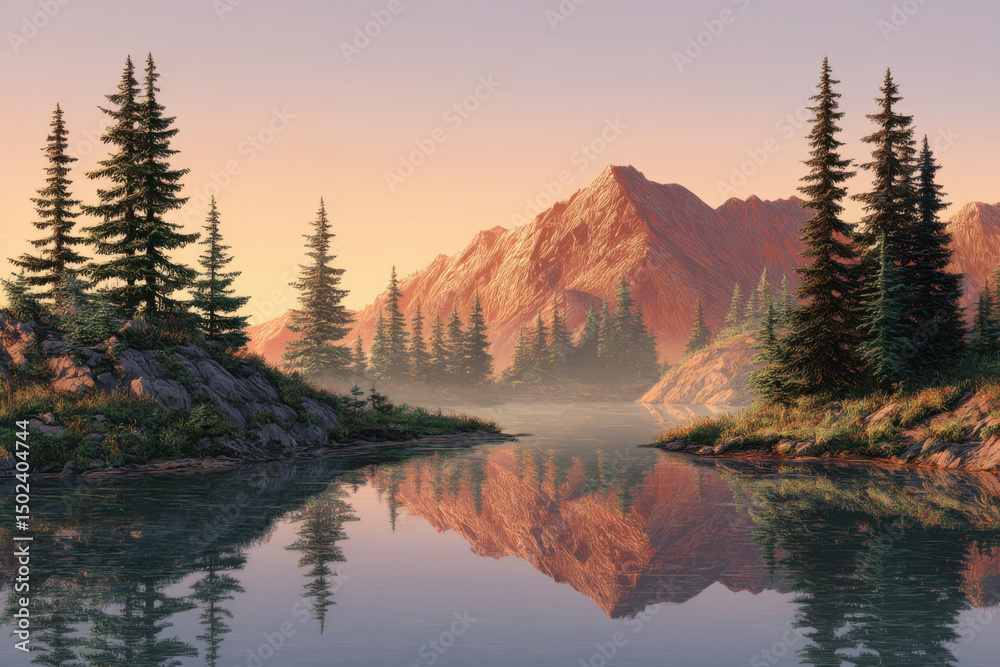 Fototapeta premium oggy mountain landscape at sunrise, pine trees, lake reflection, ultra-realistic.