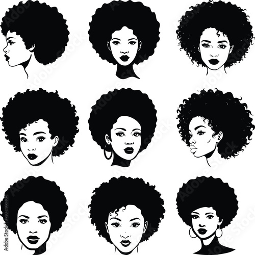 Nine diverse black women show off their distinctive afro hairstyles in a single collection