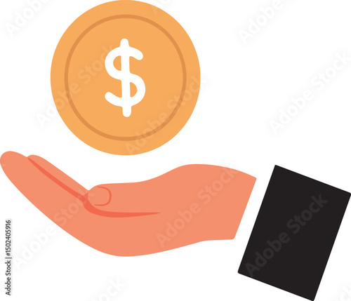 Hand with gold coin flying. Cash currency concept. Businessman hand hold icon Pro Vector