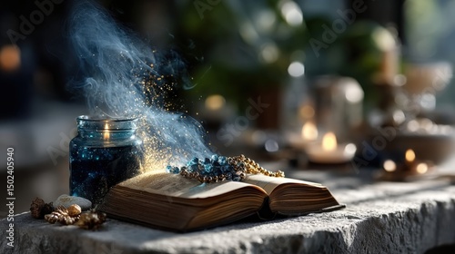 Open prayer book with rosary and burning candle on stone altar. Generative AI