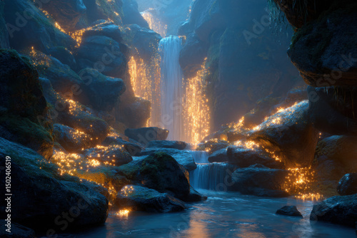 Fantasy waterfall scene with glowing rocks and magical light, surreal style.