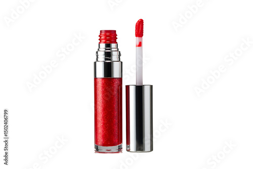 Glossy red lip gloss in a transparent rectangular tube with metallic red cap and precision applicator, isolated on transparent background, ideal for beauty, fashion, and cosmetic branding projects