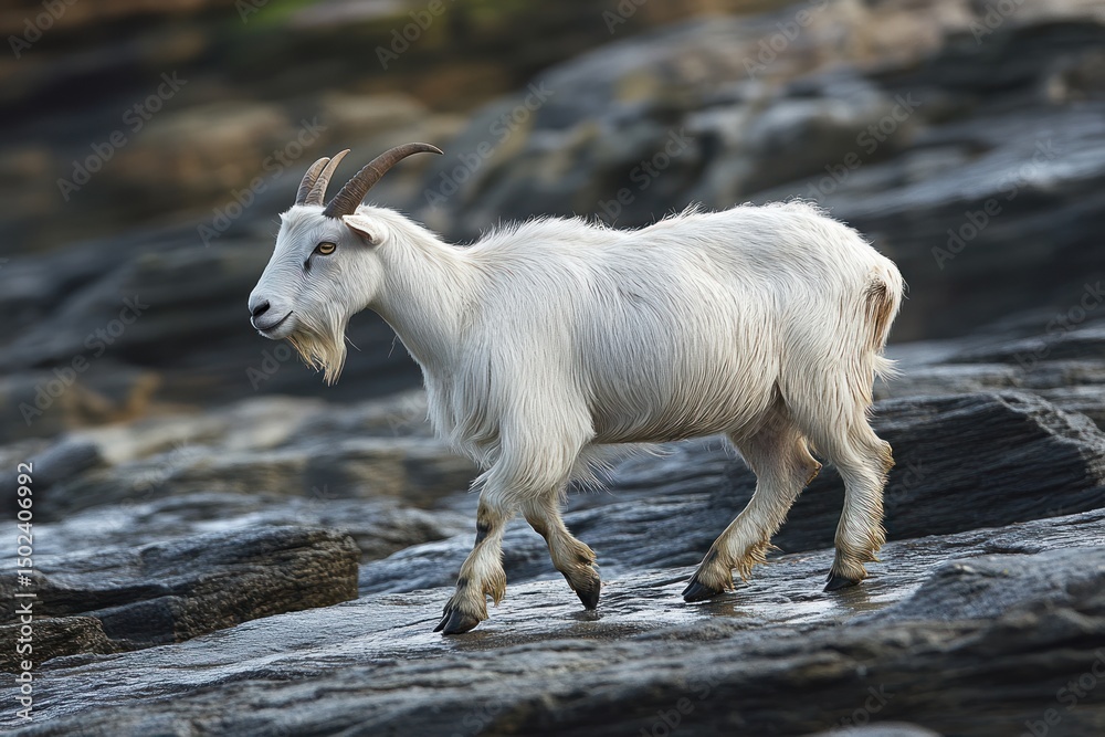 Obraz premium White goat on wet rocks
