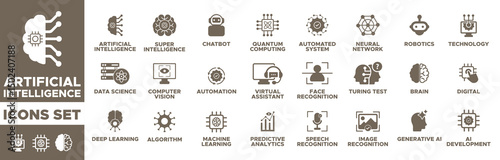 Artificial intelligence icon set. deep learning, machine learning, neural networks, robotics, automation, chatbot, virtual assistant, quantum computing, computer vision, image recognition. 