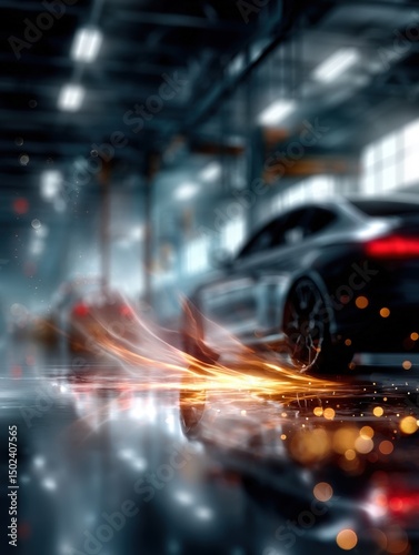 Futuristic Car Manufacturing with Robotics and Automation in a Modern Factory. Generative AI