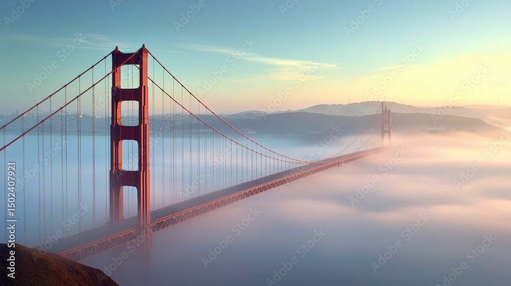 Fototapeta premium Golden Gate Bridge surrounded by fog at sunrise