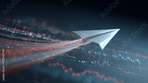 Paper Airplane Soaring Through Digital Data Stream Conceptual Image of Innovation and Progress