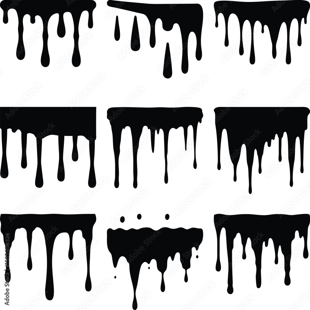 Varied drips of black liquid create unique, dripping, and oozing shapes against a white background