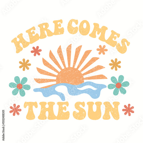 Here comes the sun. Wave love club print design. Sunshine beach artwork. Beach vibes artwork. Summer design for t shirt print, sticker, background and other uses.  flowers and swirls, 